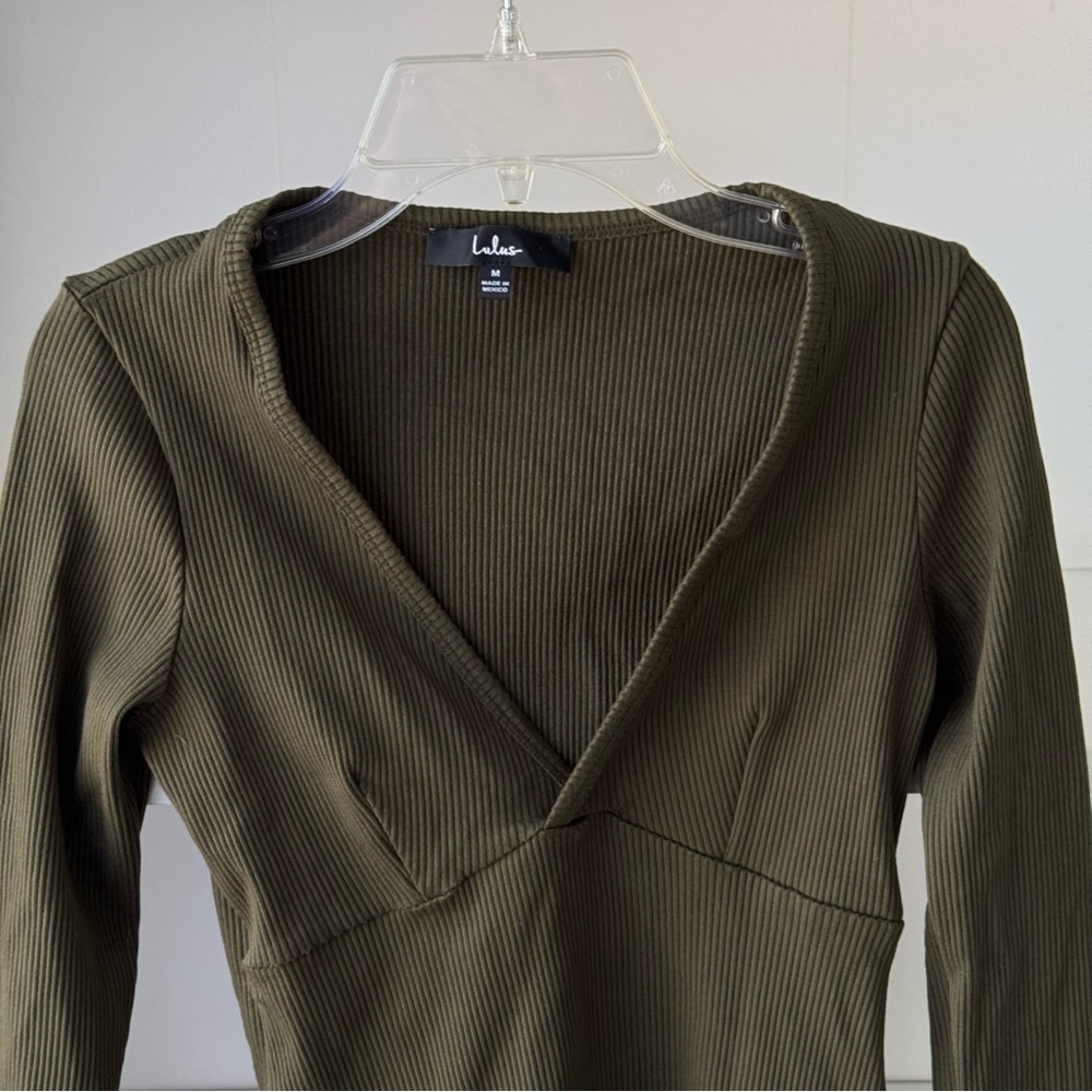 LULUS Always Aesthetic Olive Green Ribbed Long Sleeve Bodysuit - Picture 6 of 8